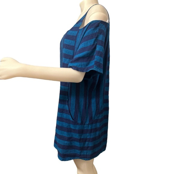 Soft Surroundings Cold Shoulder Top Women’s Size Large Linen Blend Blue - Picture 2 of 7